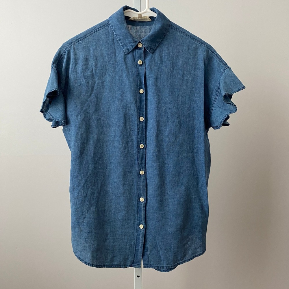 Madewell Coastal XS Blue Linen Short Sleeve Button Shirt Flutter Sleeve Blouse
